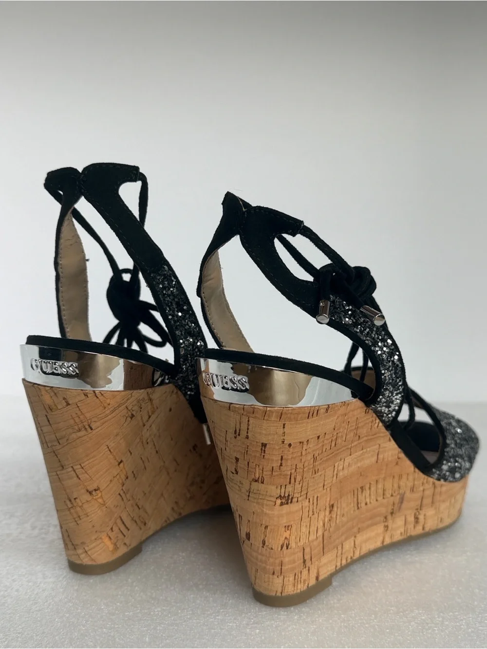 Guess Black Glitter Cork Wedge Sandals with Ankle Tie